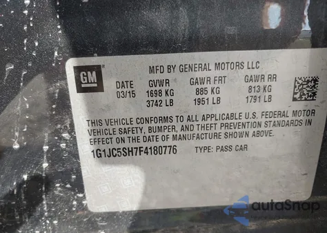 2015 Chevrolet Sonic Lt Auto from USA, damaged, VIN 1G1JC5SH7F4180776